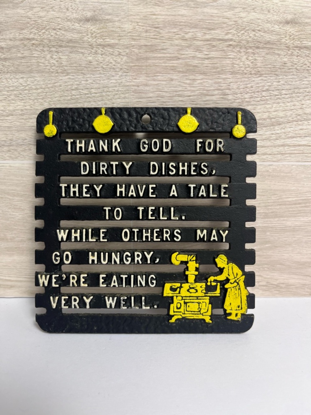 Vintage Novelty Metal Trivet Made in U.S.A. Thank God For Dirty Dishes